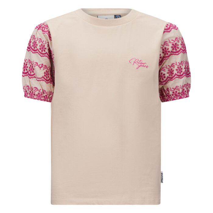T-Shirt da ragazza beige con maniche fuxia della marca Retour - immagine 1