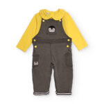 Completo per neonato maschietto in giallo e grigio con salopette ricamata pinguino