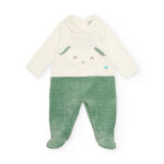 Tutina in velluto per neonato nei toni del verde e bianco con faccina ricamata