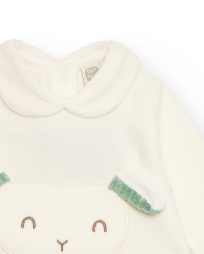 Tutina in velluto per neonato nei toni del verde e bianco con faccina ricamata - immagine 3