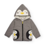 Giacca trapuntata per bambino in grigio con cappuccio con motivo pinguino