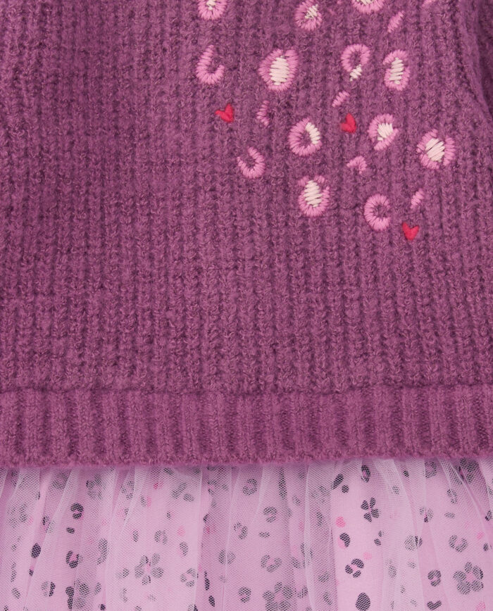 Vestito in maglia e tulle per bambina nei toni del viola con stampa floreale. - immagine 3