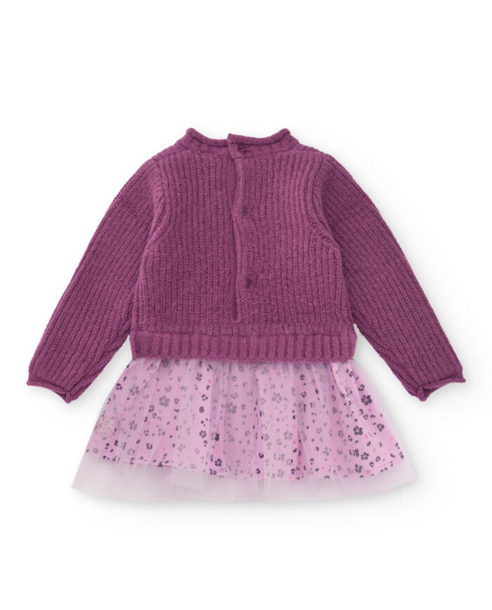 Vestito in maglia e tulle per bambina nei toni del viola con stampa floreale. - immagine 2