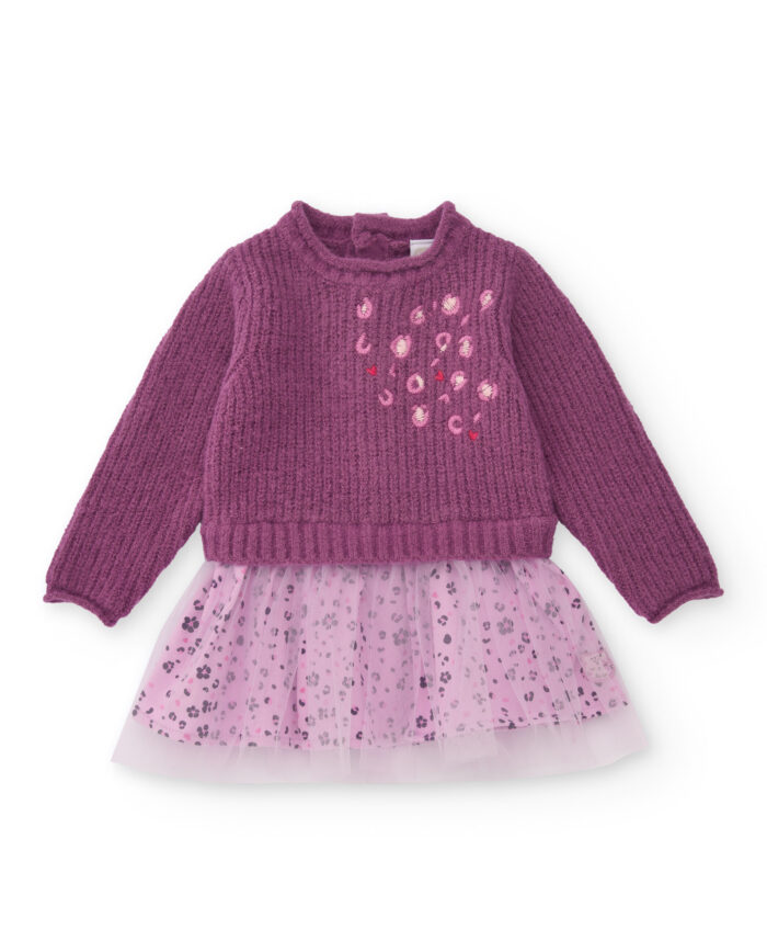 Vestito in maglia e tulle per bambina nei toni del viola con stampa floreale. - immagine 1