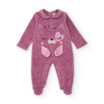 Tutina felpata per bambina colore viola con disegno di faccina di gattino