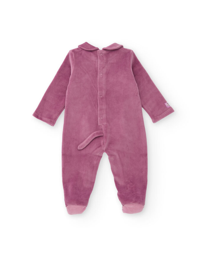 Tutina felpata per bambina colore viola con disegno di faccina di gattino - immagine 2