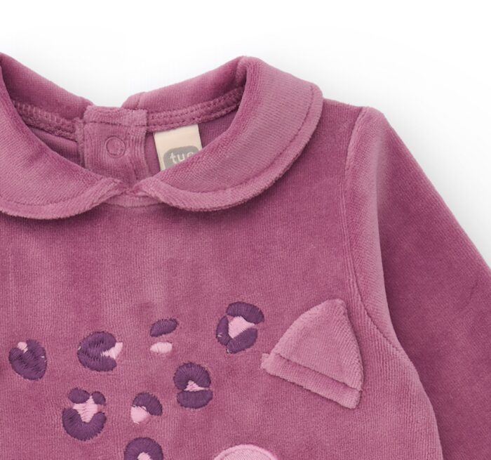 Tutina felpata per bambina colore viola con disegno di faccina di gattino - immagine 3