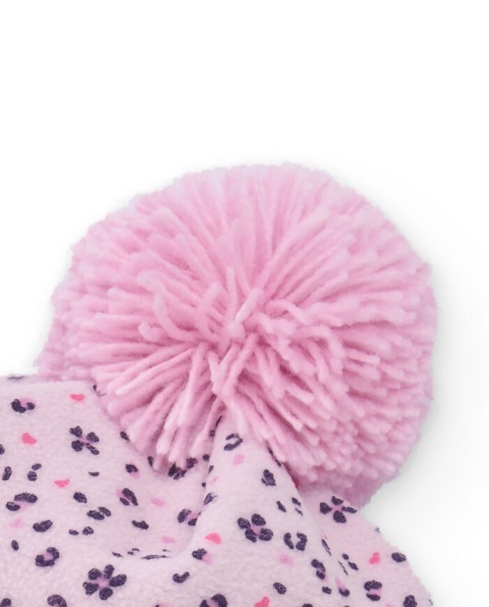 Berretto rosa per bambina con stampa floreale e pompon - immagine 2