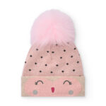 Cappellino in maglia per bambina rosa con pompon e faccina ricamata