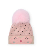 Cappellino in maglia per bambina rosa con pompon e faccina ricamata