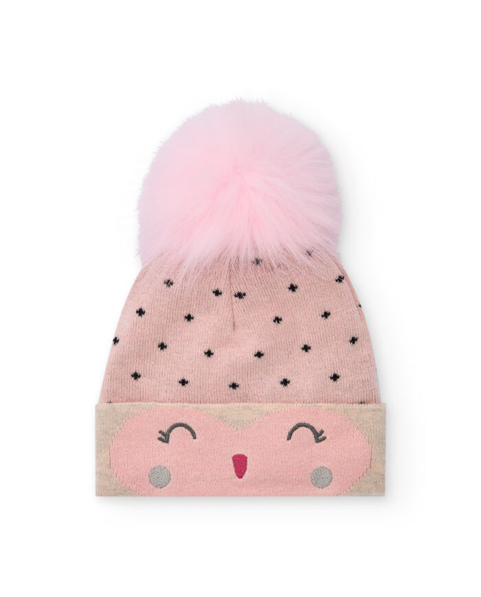 Cappellino in maglia per bambina rosa con pompon e faccina ricamata - immagine 1