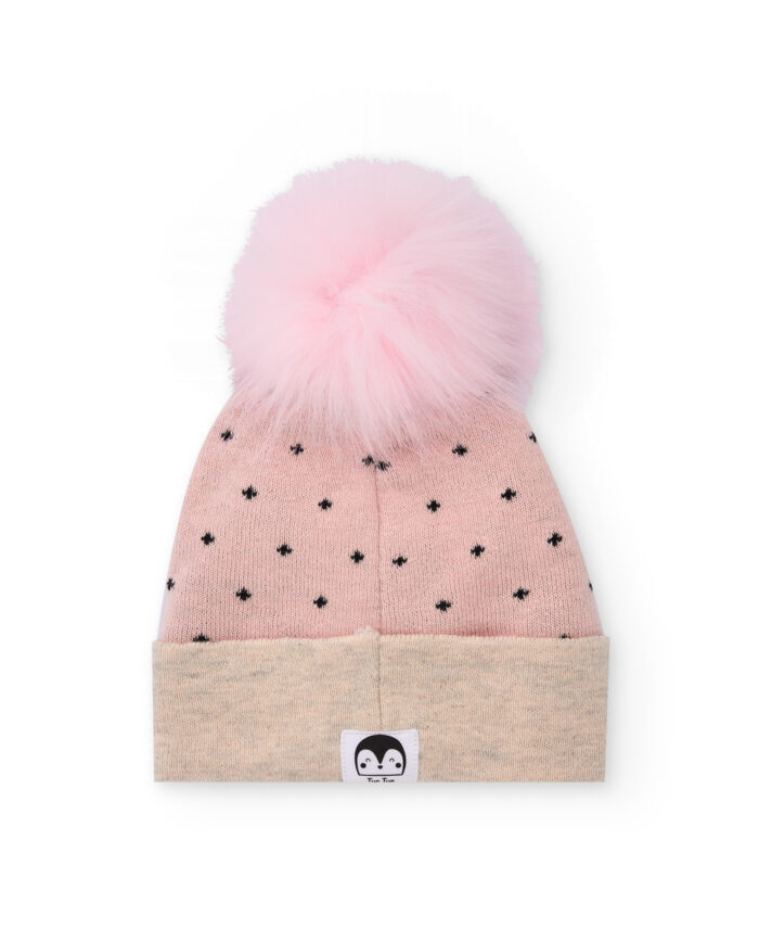 Cappellino in maglia per bambina rosa con pompon e faccina ricamata - immagine 2