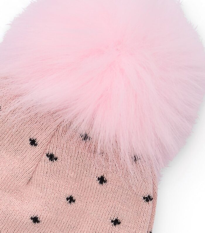 Cappellino in maglia per bambina rosa con pompon e faccina ricamata - immagine 4