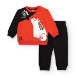 Completo per bambino nero e arancione con stampa lupo ululante