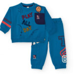 Completo blu per bambino con stampe e ricami sportivi – Felpa e pantaloni garzati