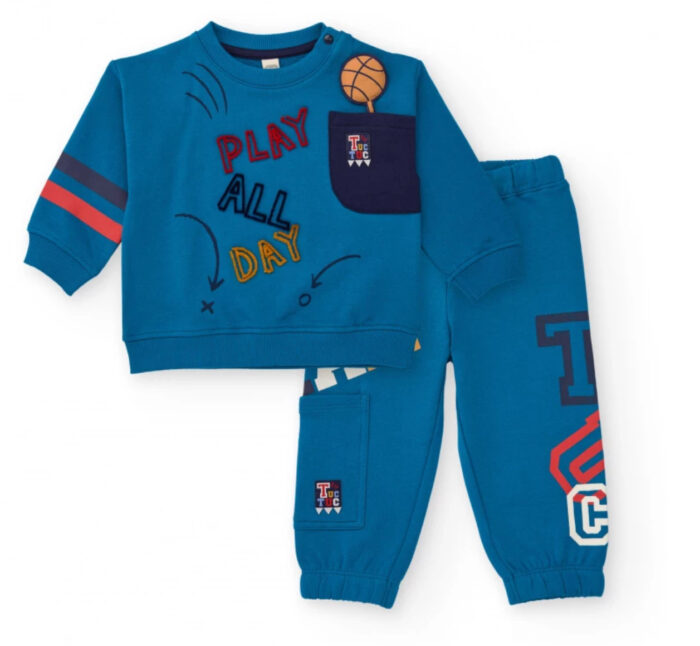 Completo blu per bambino con stampe e ricami sportivi – Felpa e pantaloni garzati - immagine 1