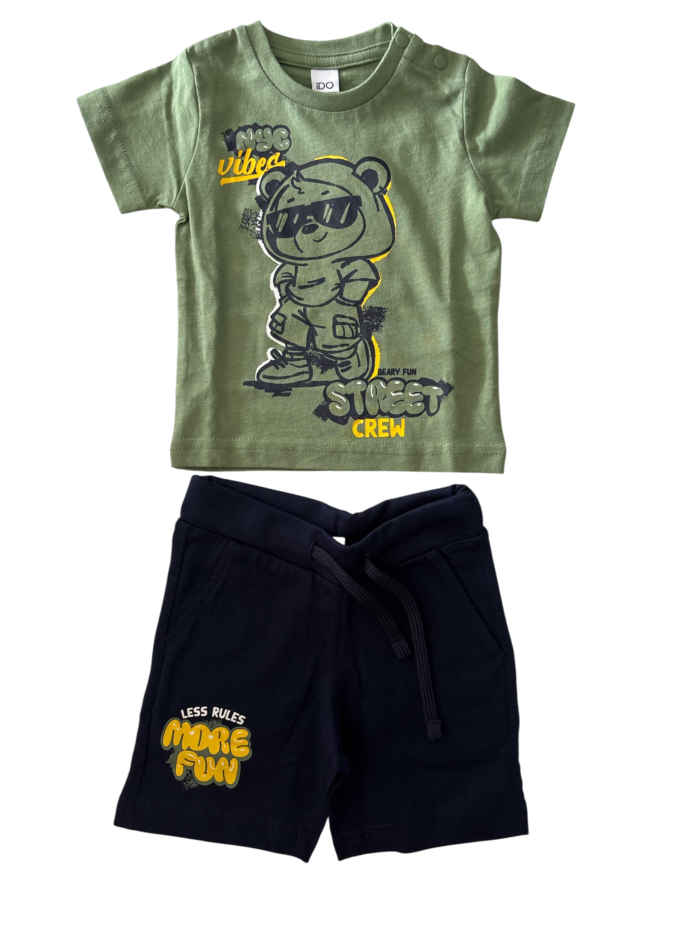 completo neonato iDO verde militare con shorts blu