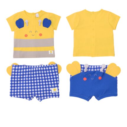 Completo neonato TUC TUC My Sunshine con maglietta gialla e costume da bagno a quadretti blu e bianchi