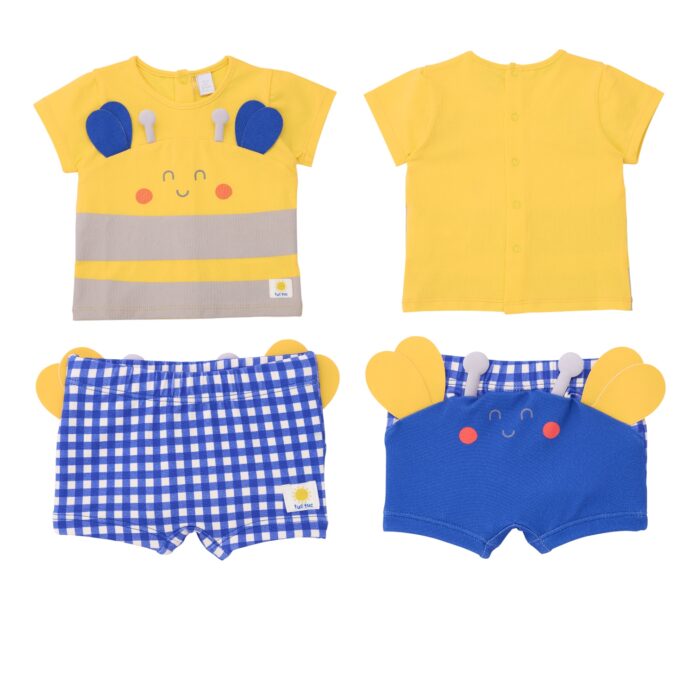Completo neonato TUC TUC My Sunshine con maglietta gialla e costume da bagno a quadretti blu e bianchi