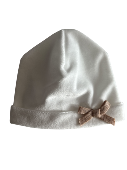 Cappellino neonato Ninnaoh in ciniglia panna con fiocco beige